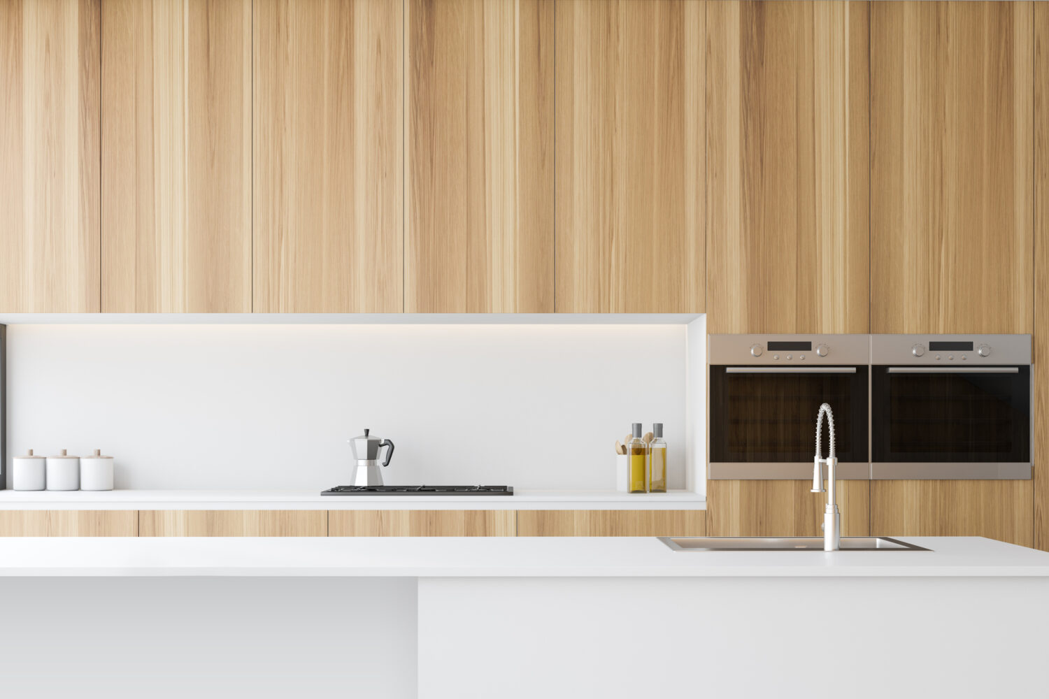 Wooden kitchen interior with island Interior of minimalistic kitchen with white walls, wooden countertops and cupboards with built in cooker and ovens and white island with sink. 3d rendering